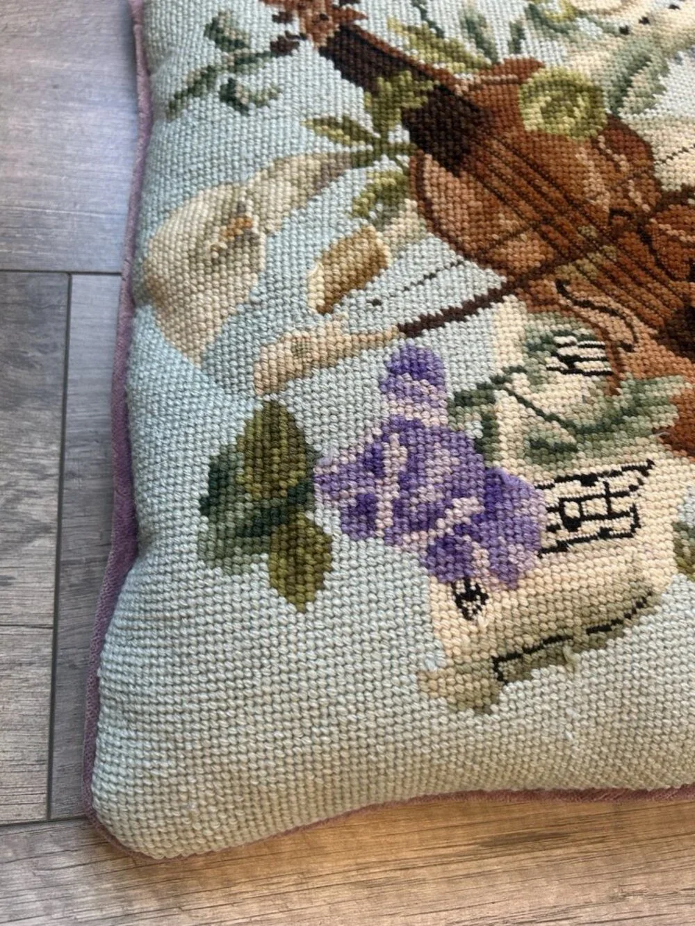 Vintage Needlepoint Pillow Violin Floral 15” X 15” Purple Velvet Cottagecore Fun